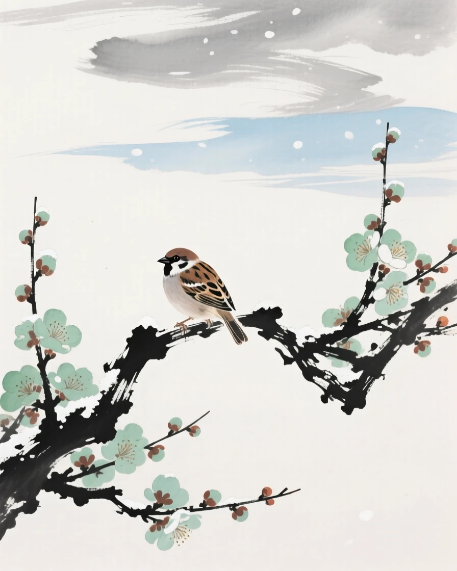 A small sparrow perched on a blossoming plum branch, as winter frost settles, under a sky streaked with clouds, imbued with timeless calm.