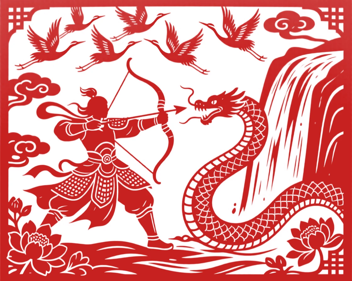 A celestial archer, battling a serpent beside a raging waterfall, as a flock of cranes circles overhead in reverence.