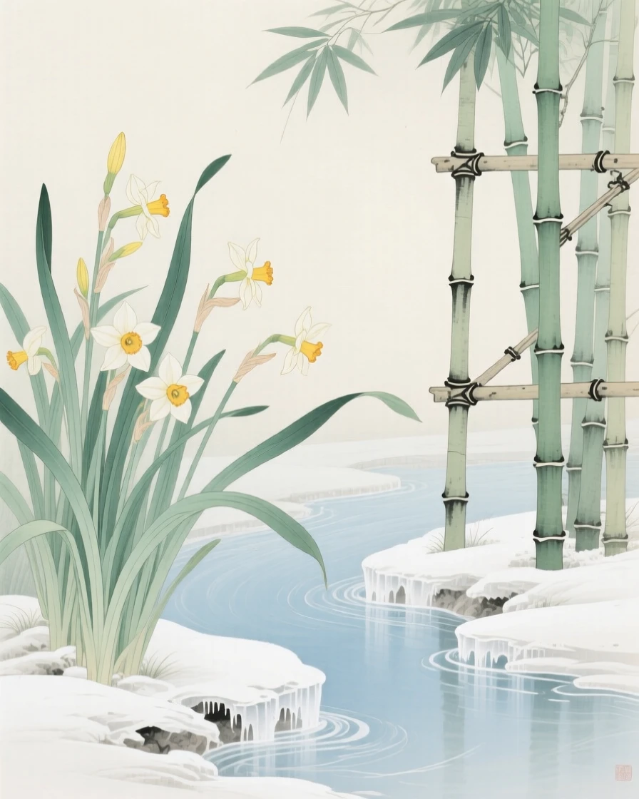 Narcissus blooming beside a frozen stream climbing a bamboo trellis in early summer