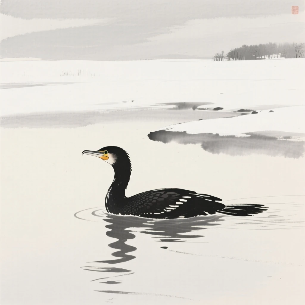 A cormorant gliding low across the water's surface against a pale, empty winter sky, framed against a wide expanse of open sky, suggesting renewal and the gentle passage of seasons.