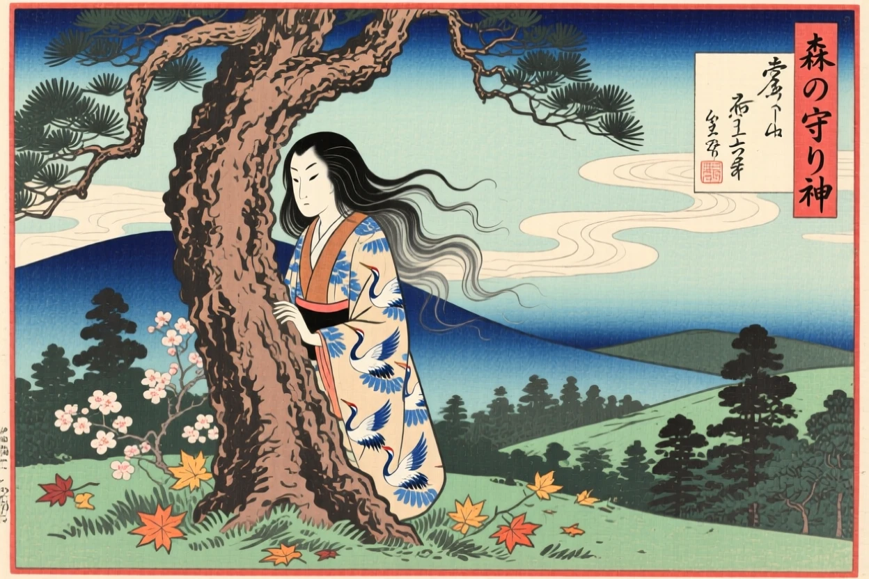 A forest guardian spirit watching silently from behind an ancient pine.