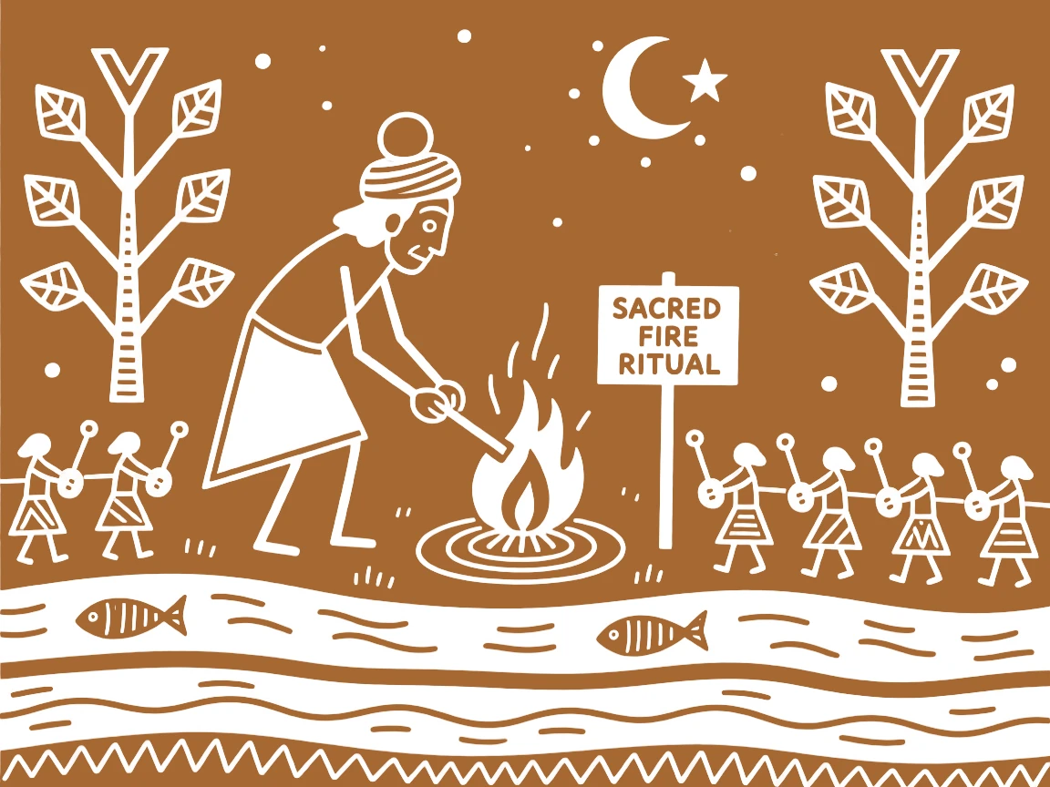An elder lighting a sacred fire at the banks of a holy river.