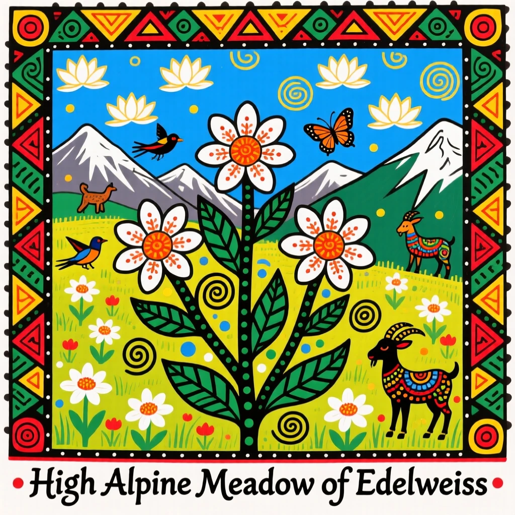 A field of edelweiss blooming on a high alpine meadow.