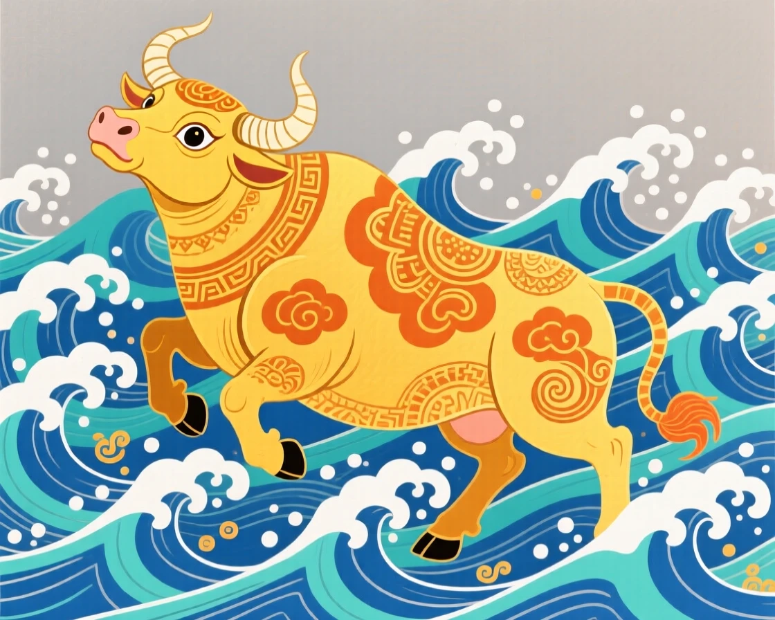 A golden ox, rising above crashing ocean waves.