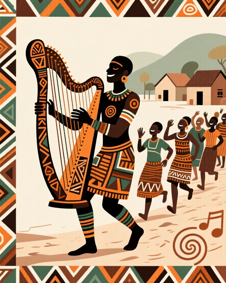 A solo harpist leading a joyful procession through the village.