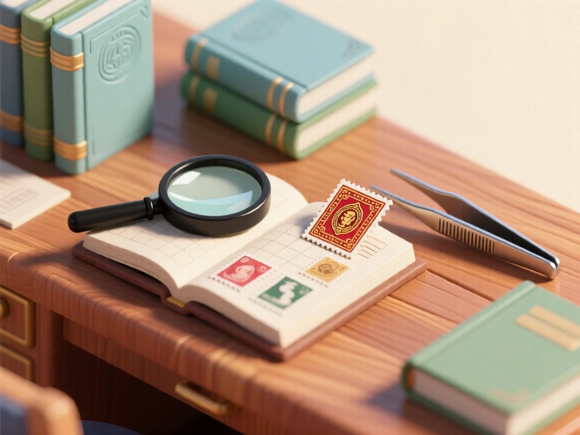 A stamp collector's desk covered with albums, a magnifying glass resting on an open page, and tweezers holding a rare stamp.
