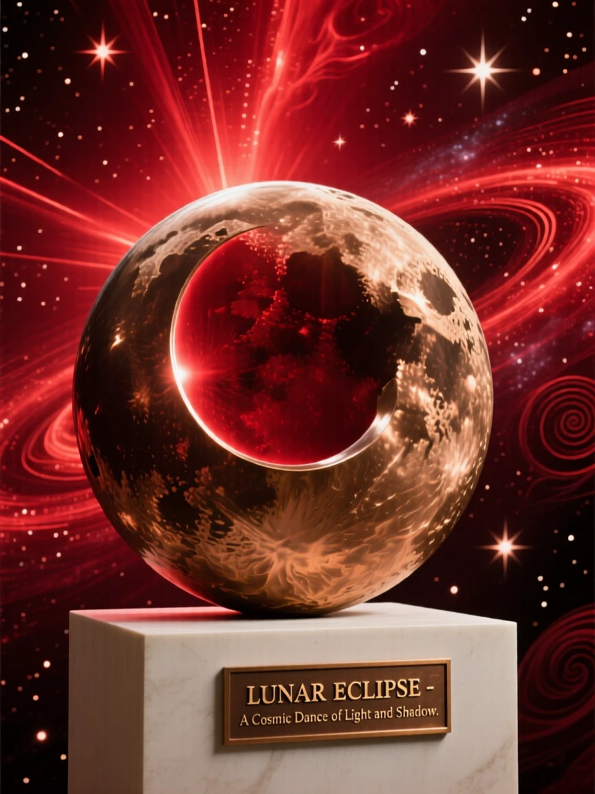 A lunar eclipse casting deep red light across the sky, rendered with vast cosmic scale and radiant color, evoking wonder at the universe