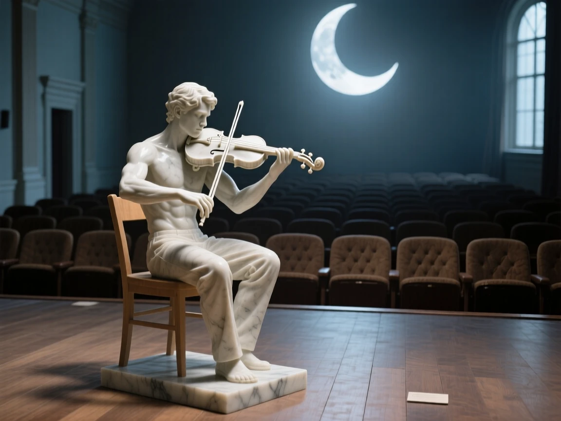 An evocative depiction of a violinist performing for an empty, moonlit theater, captured with cinematic depth and detail, balancing detail with emotional depth