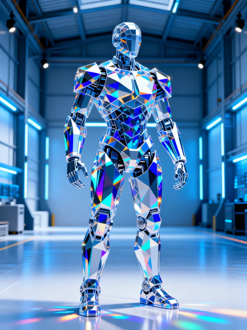 A robotic exoskeleton suit standing in a futuristic warehouse bathed in blue light.