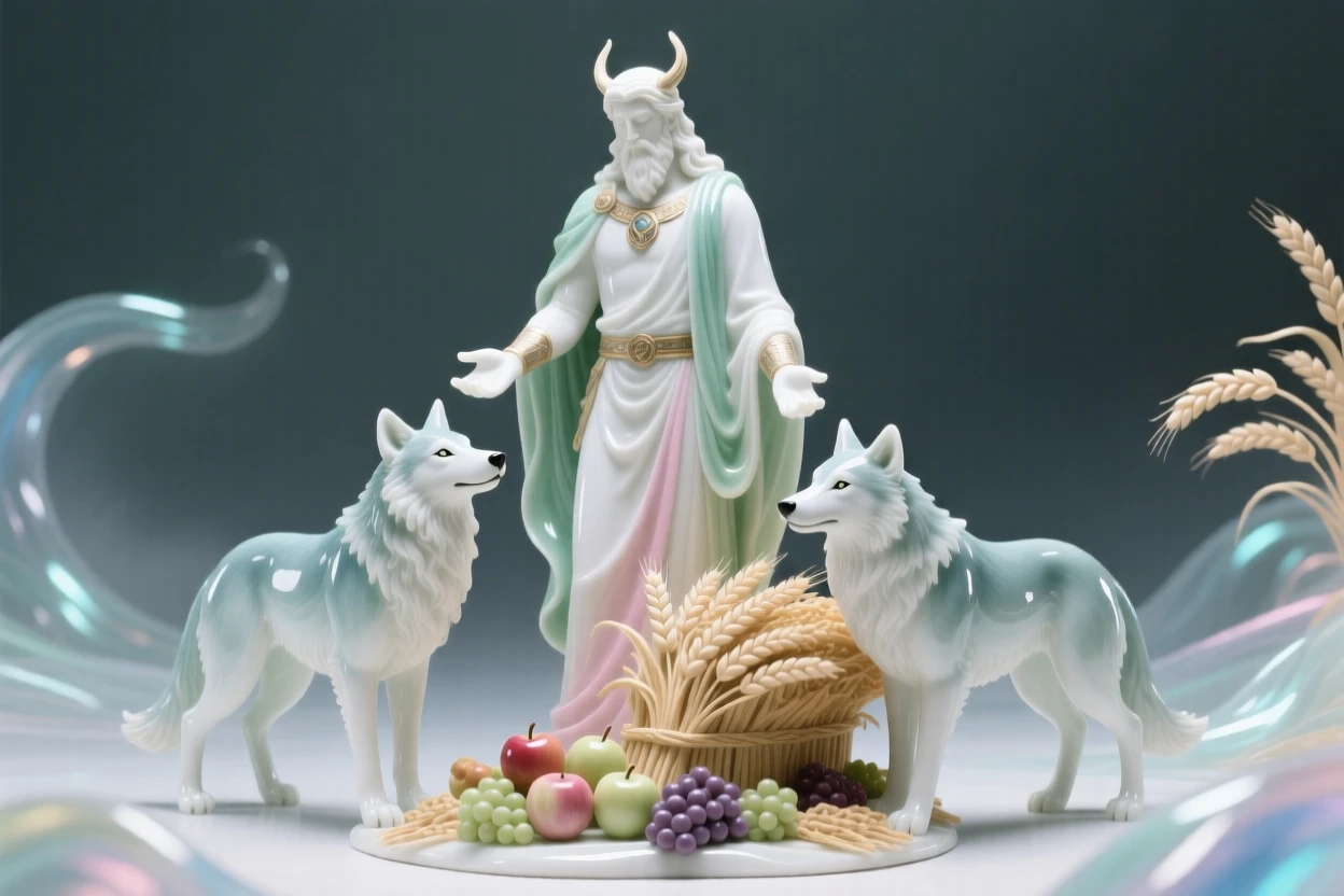 A mythological moment: a Norse god with his loyal wolves offering a blessing over a harvest, bathed in an otherworldly glow.
