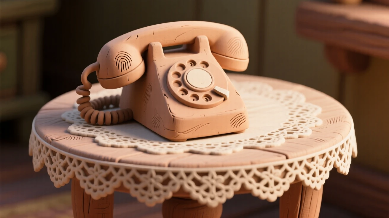 A vintage rotary phone resting on a lace-covered side table