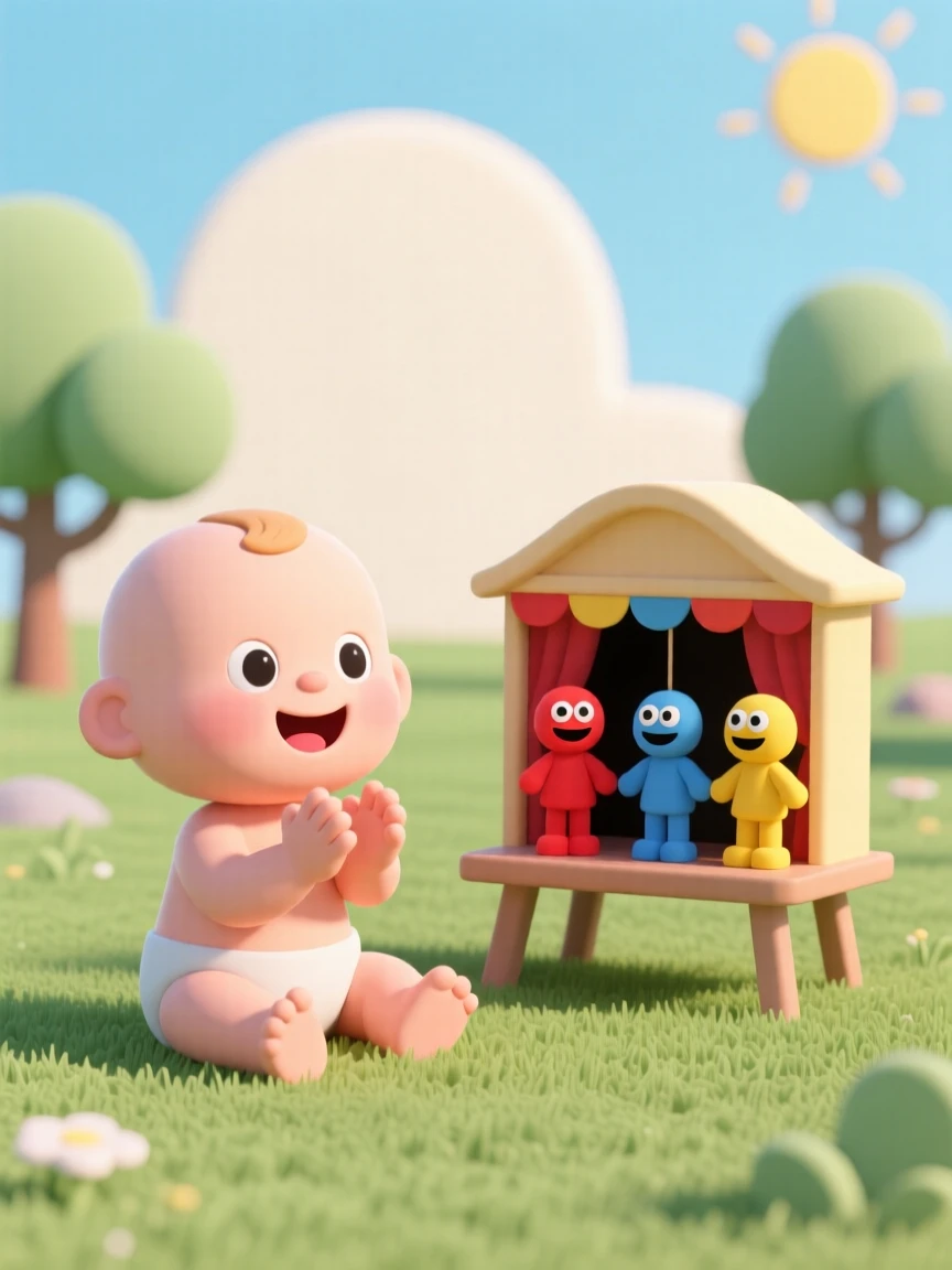 A delighted baby claps hands together while watching a colorful puppet show at a sunny park.