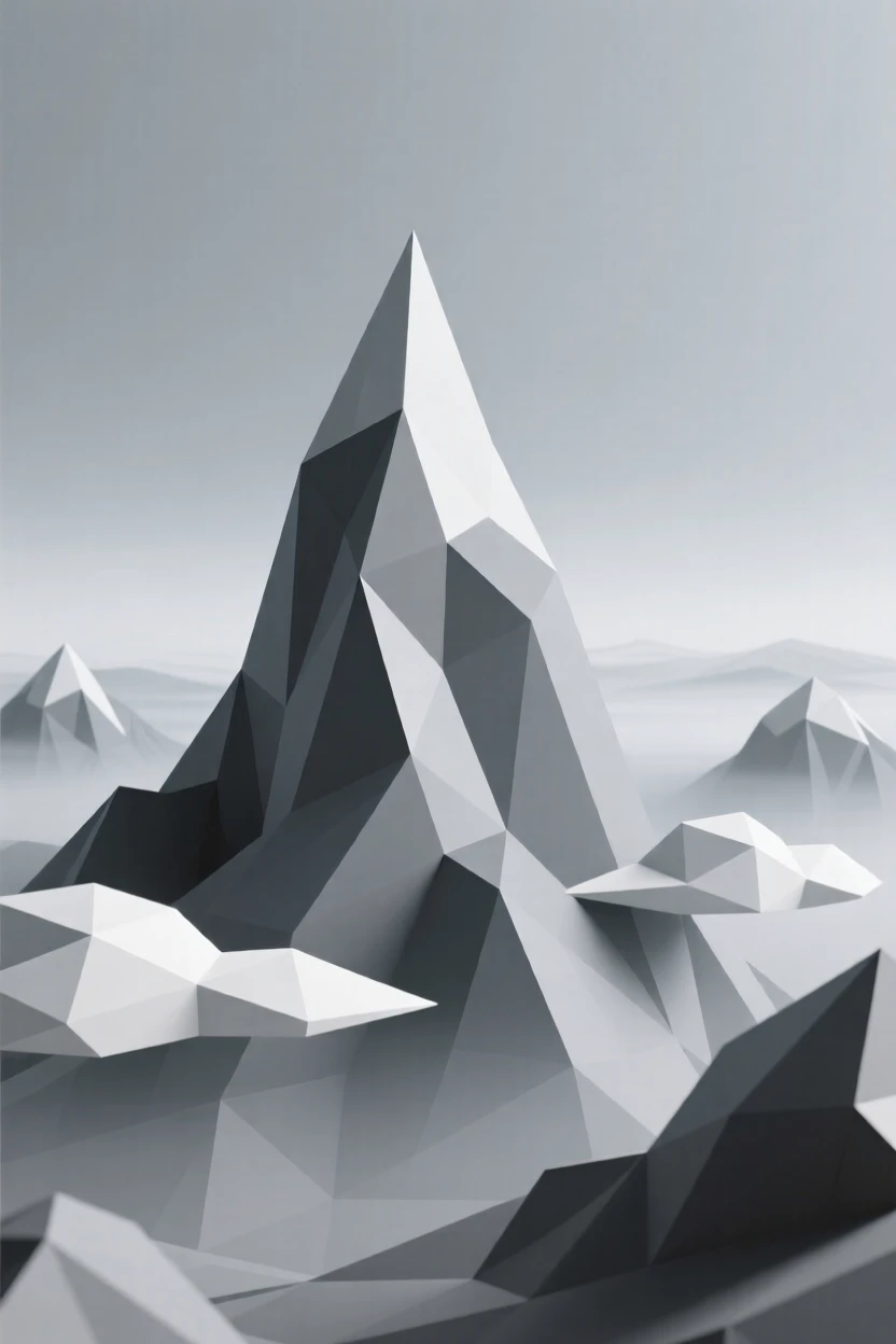 A dramatic mountain peak piercing through clouds, beneath a sky painted in sunset hues. fine atmospheric haze adds depth to the distance. The scene feels vast and awe-inspiring.