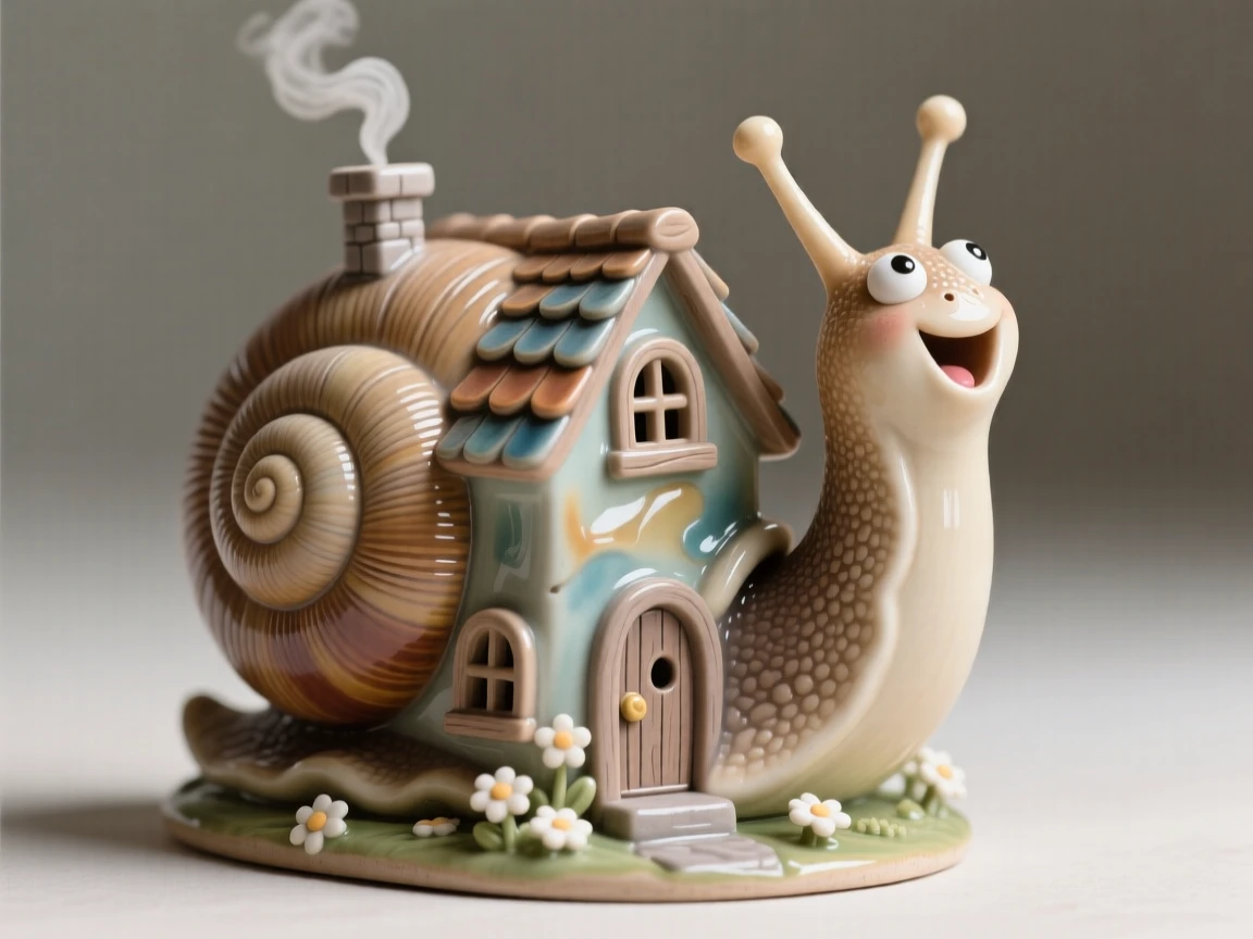 A snail carrying a tiny house on its back captured mid-celebration with joyful energy, dotted with small whimsical touches throughout, conveying pure, heartwarming whimsy.