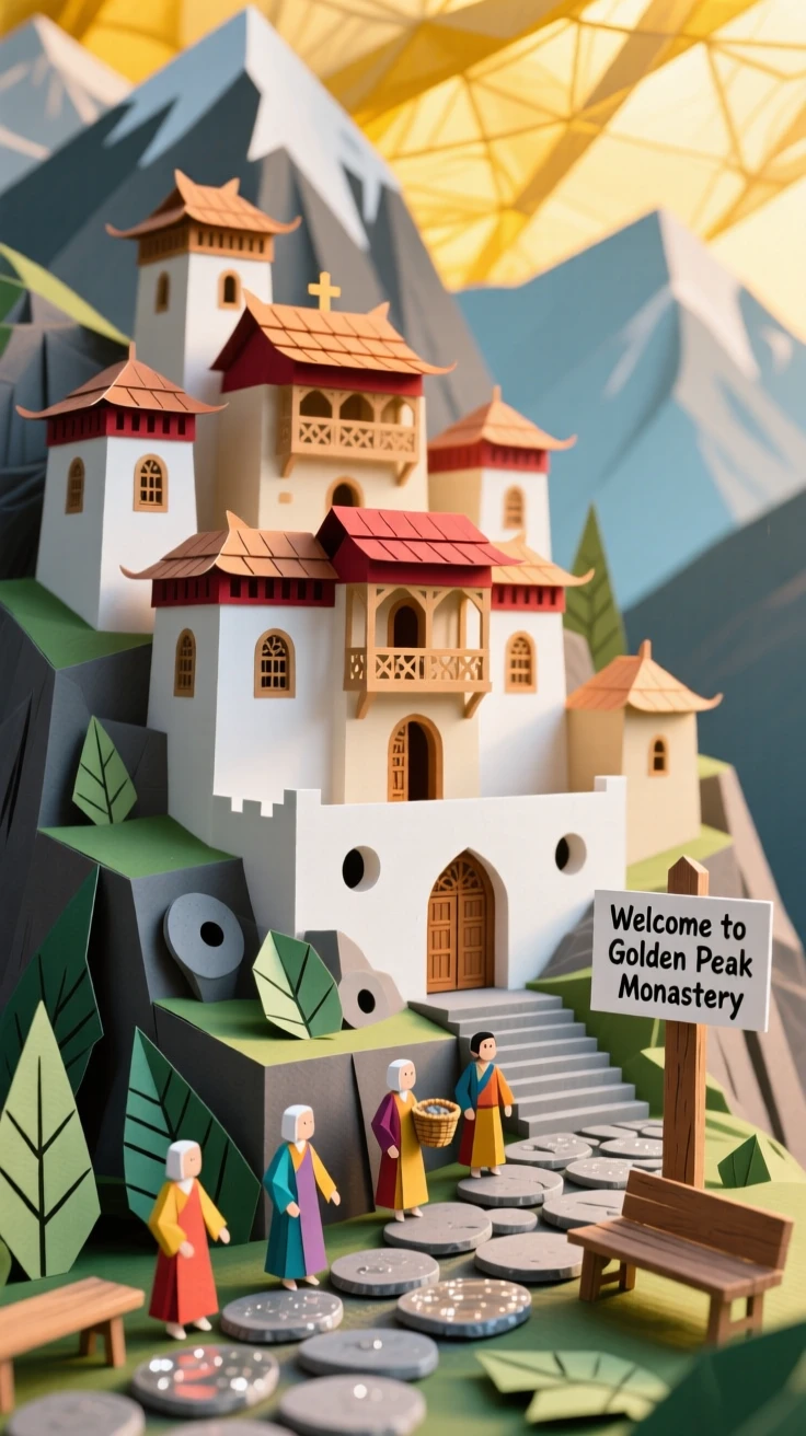 A grand mountain monastery bathed in the golden light of late afternoon, with cobblestones glistening from recent rain, conveying vibrant local energy.