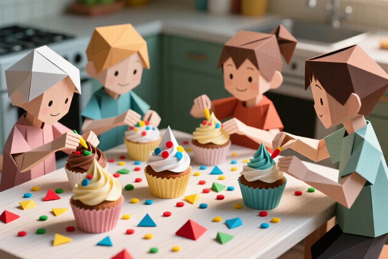 A group of children decorating cupcakes together at a kitchen table covered in sprinkles.
