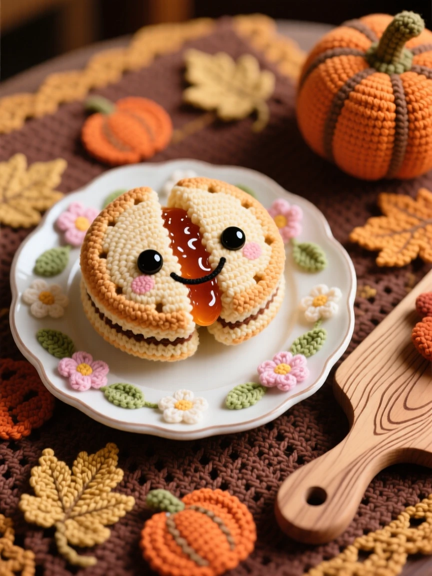 a plump soft biscuit character, split open with a pat of jam, is shown resting on a floral teatime plate on a warm autumn harvest table beside a rustic wooden serving board, capturing bright, appetizing cheerfulness.