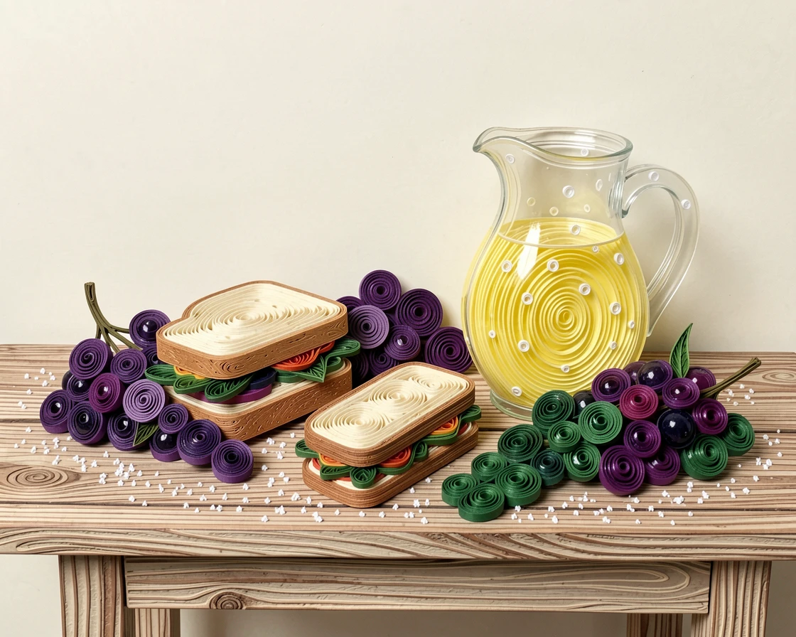A cozy still life of a picnic spread of sandwiches, grapes, and lemonade on a rustic wooden farmhouse table, with a light dusting of powdered sugar, composed with a clean, minimal negative space background.