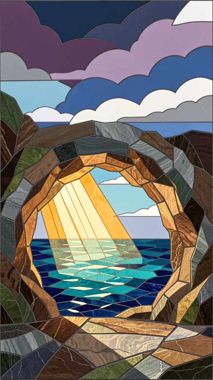 A wide panoramic view of a dramatic sea cave with light streaming through a natural rock arch, with dramatic clouds and rich natural color.