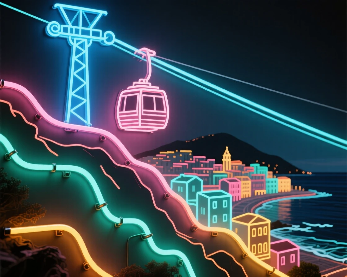 A cable car ascending a steep hillside above a coastal town.