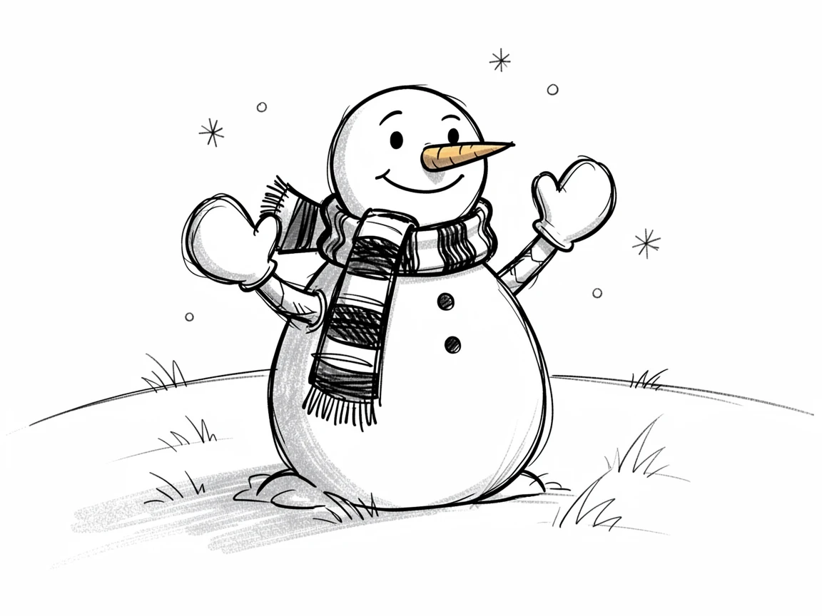 A snowman wearing a striped scarf in a meadow covered in fresh snow.