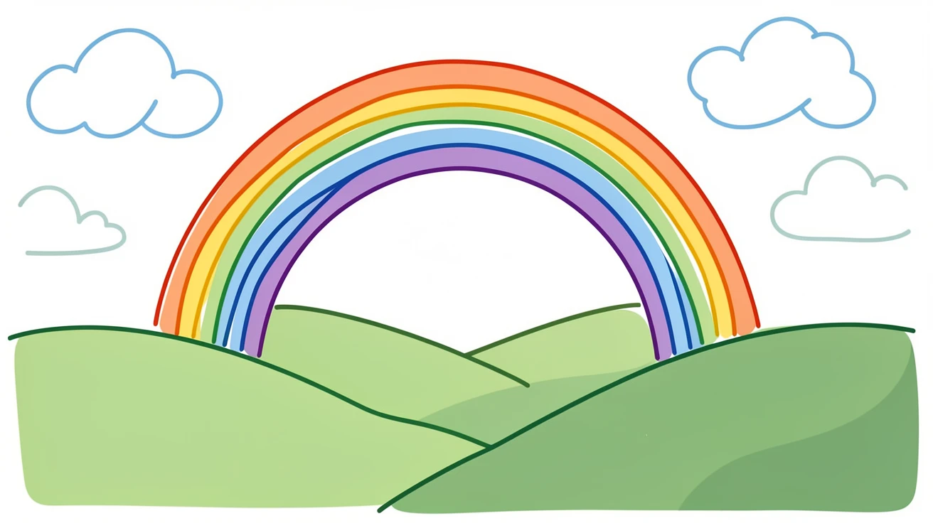 A rainbow arching over a green valley after a passing summer storm.