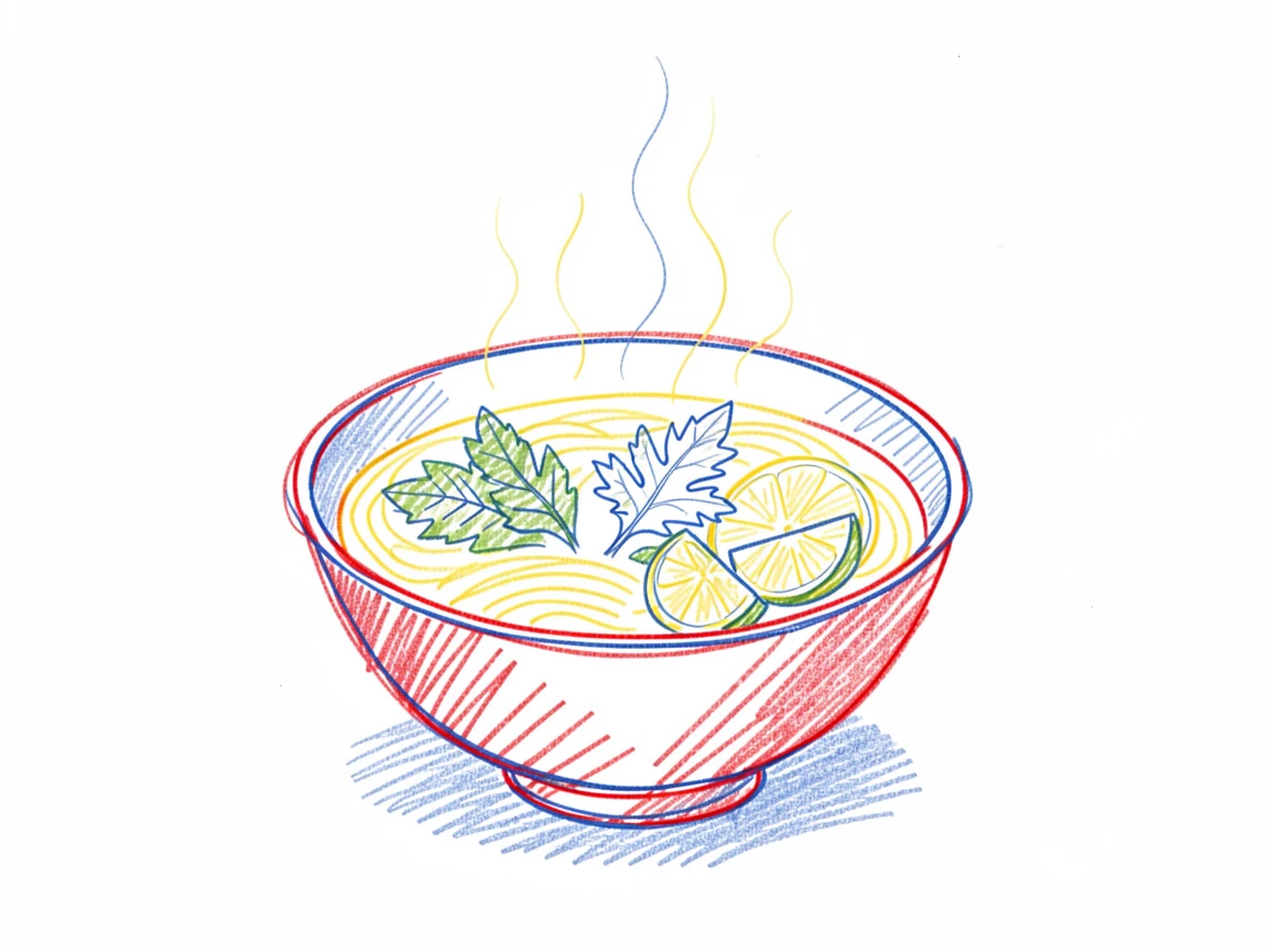 A bowl of steaming pho garnished with fresh herbs and lime