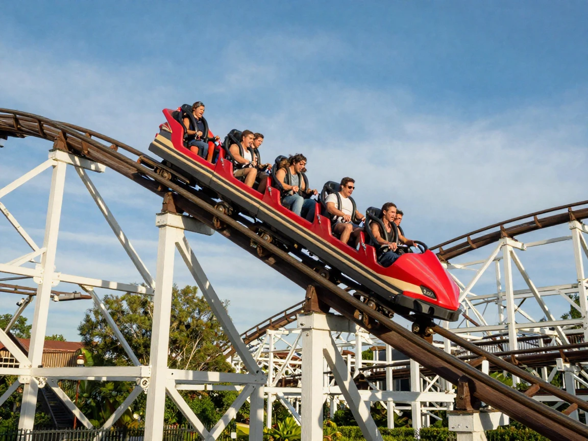 A roller coaster cresting its first big drop