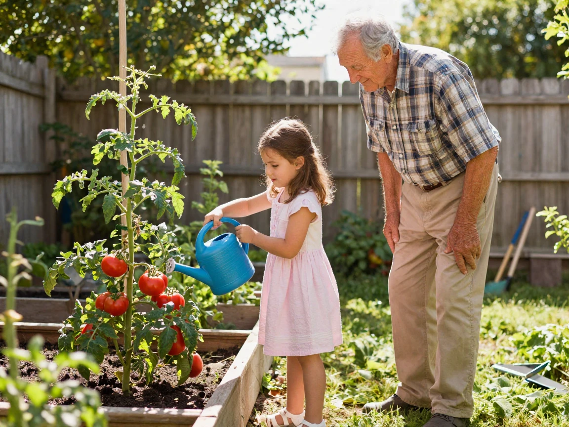 A little girl waters her grandfather's tomato plants with a tiny watering can.