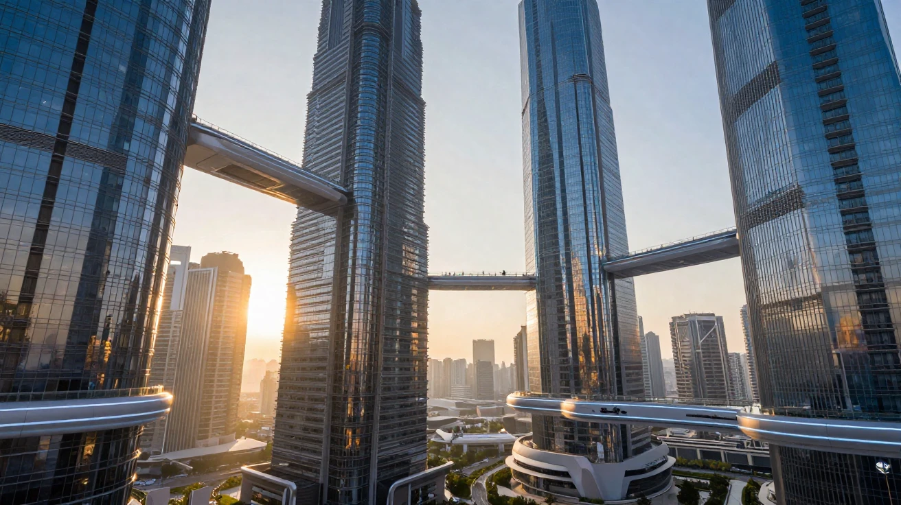 A futuristic city of glass towers connected by floating sky bridges