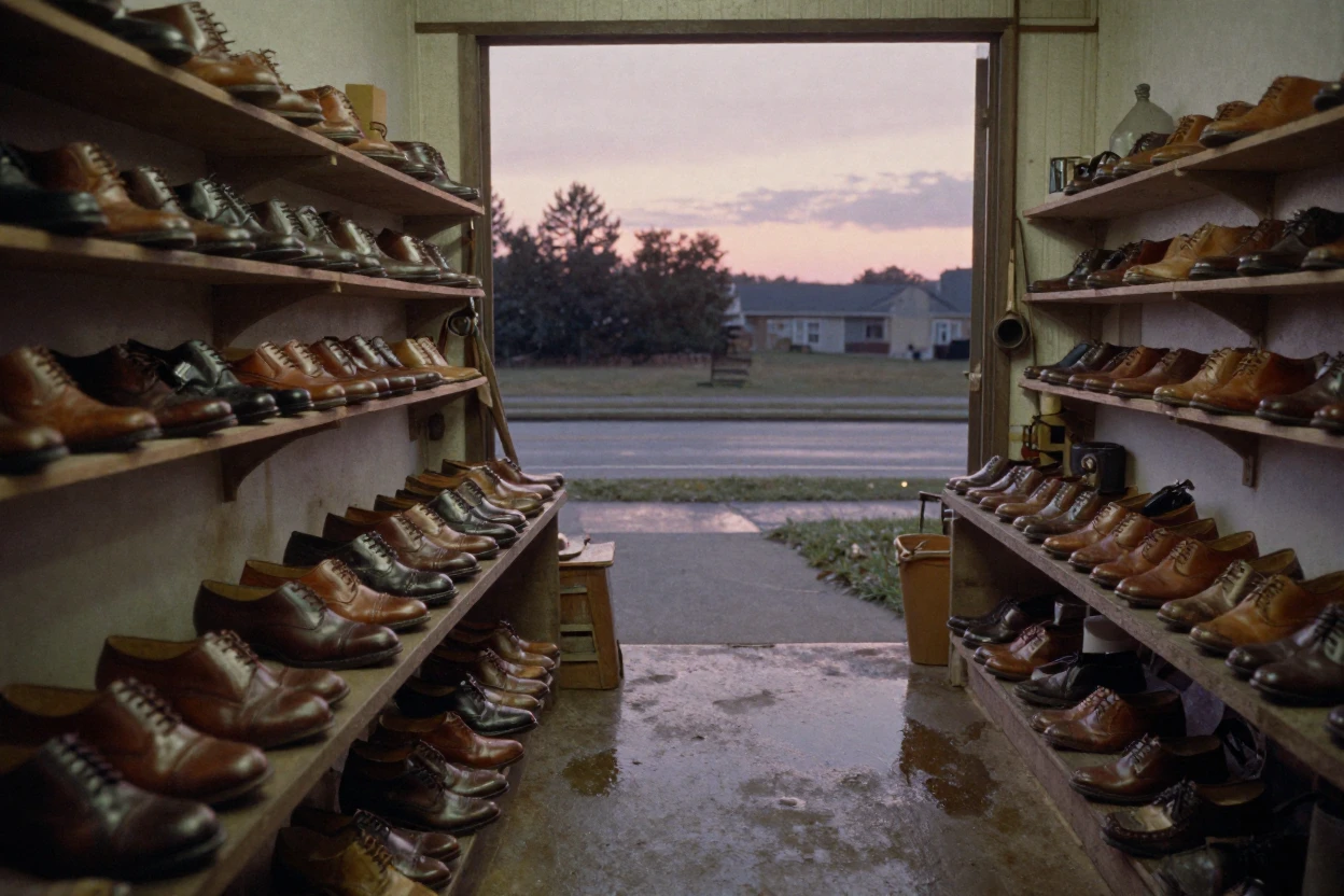 A cobbler's workshop lined with rows of leather shoes, in the last light of dusk, just after a rain shower, with puddles reflecting the sky, as summer fades into fall, in soft muted pastels, from a wide establishing view.
