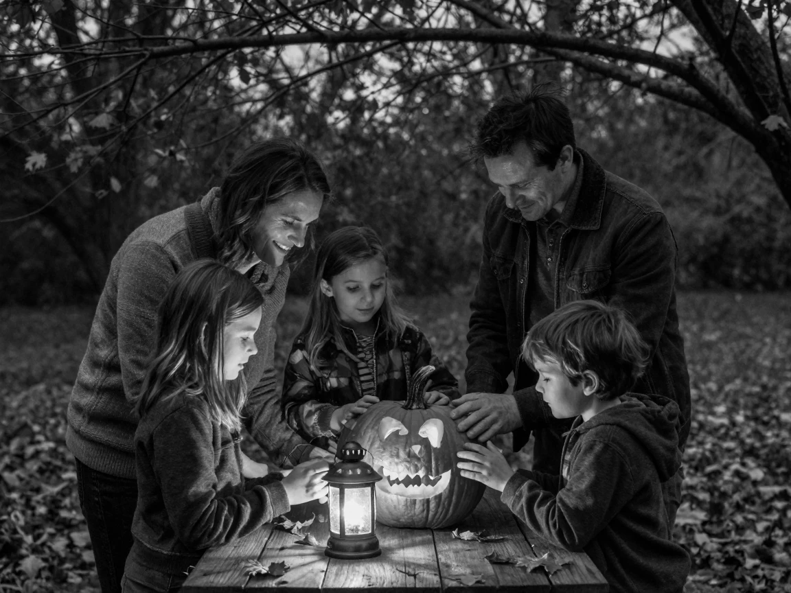 A family carving pumpkins gathers around a glowing lantern on a crisp autumn evening.