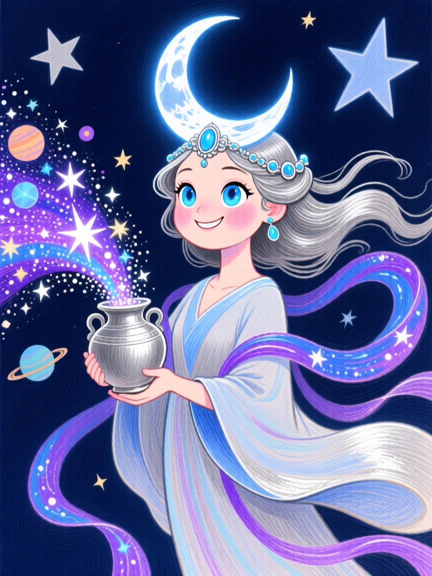 A moon goddess pouring stardust from an urn to create a new galaxy.