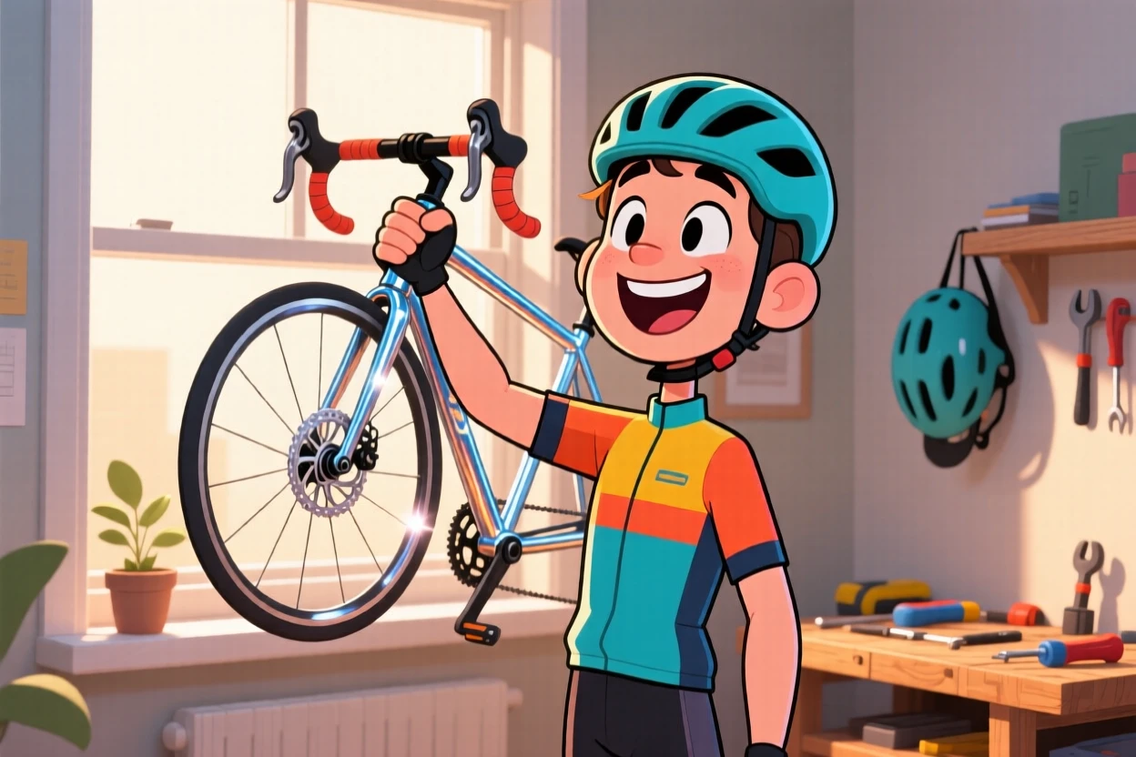 An everyday-life snapshot of an avid cyclist, proudly showing off a finished project, as soft light streams through a nearby window.