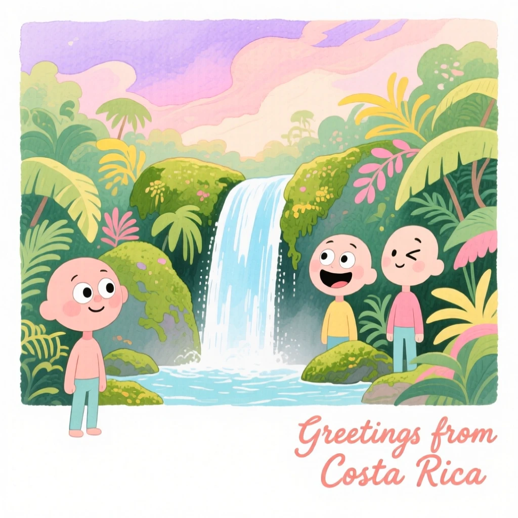 A dreamy travel postcard scene of a hidden waterfall in Costa Rica's jungle under a dramatic pastel sky