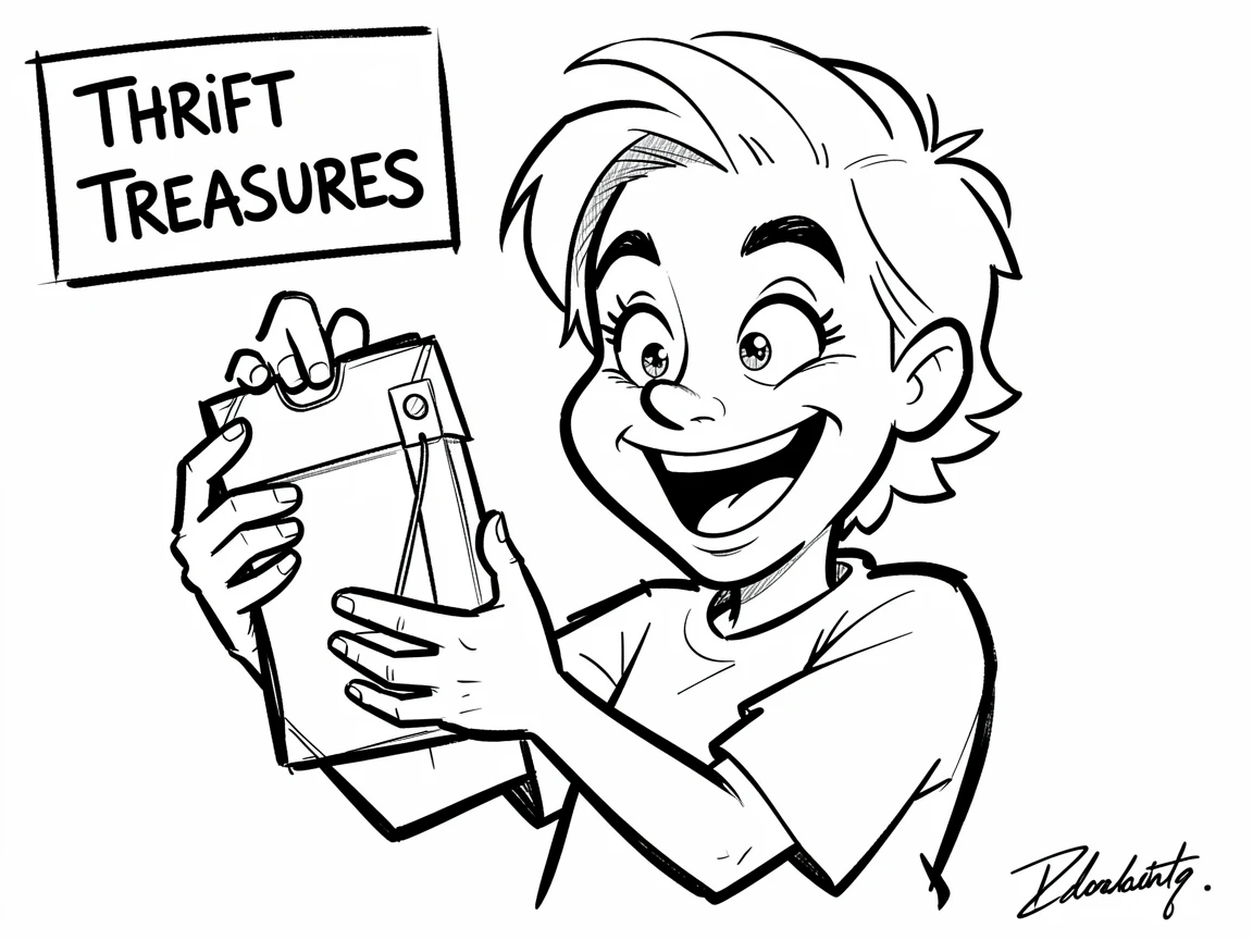 [Trending & Universal Topics] Modern lifestyle scene of a thrift shopper triumphantly holding up a great vintage find, capturing everyday joy