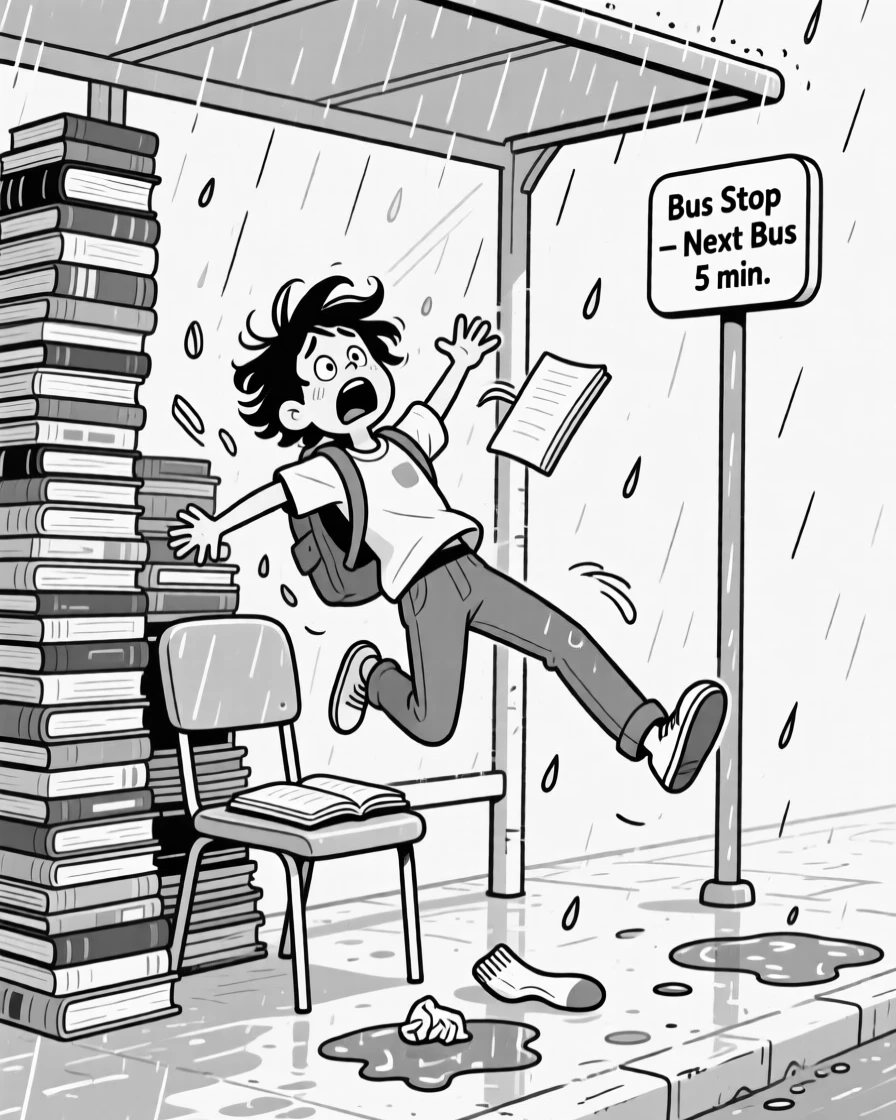 A student cramming with textbooks piled to the ceiling, leaping backward onto a chair in mock terror, set at a rain-soaked bus stop. A single sock lies abandoned nearby. The image turns a small mishap into pure comic gold.