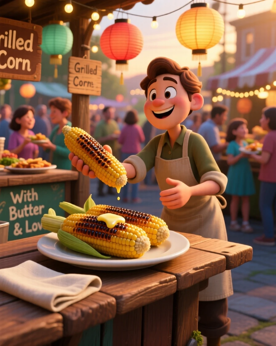 A plate of grilled corn on the cob with butter sits at a bustling street food market stall, next to a folded linen napkin. The scene feels inviting, warm, and delicious.