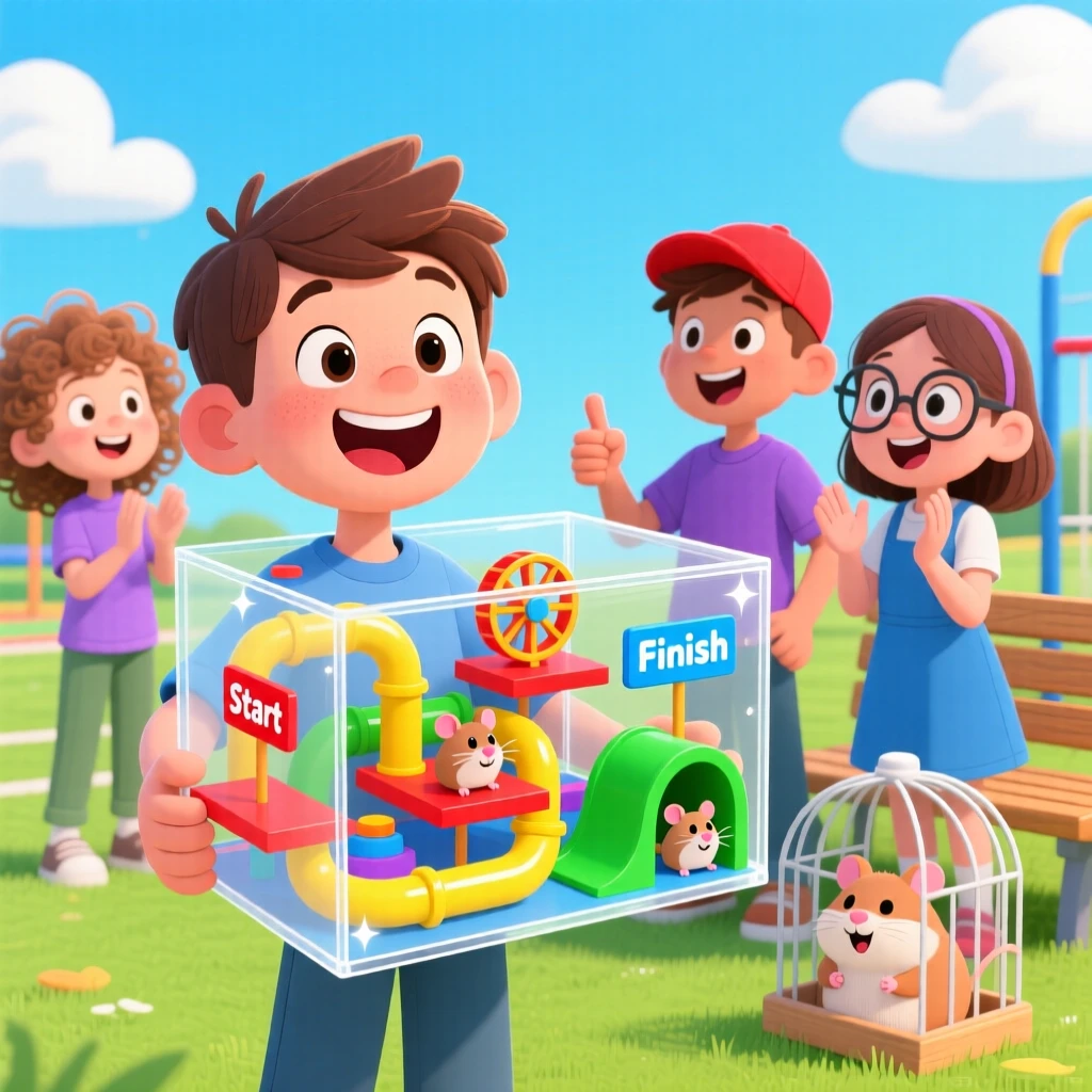 A boy proudly showing his hamster's new maze to his friends.