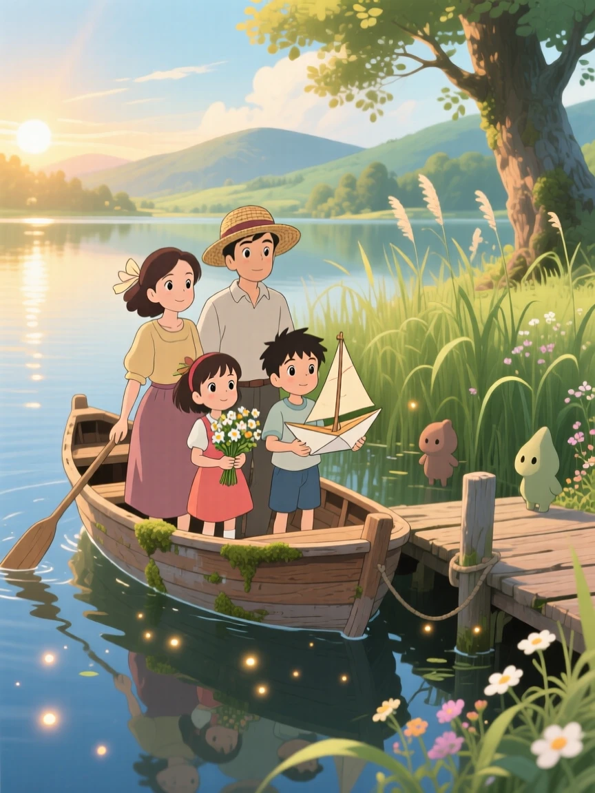 A family boarding a small boat for a lake outing, the scene glowing with togetherness.