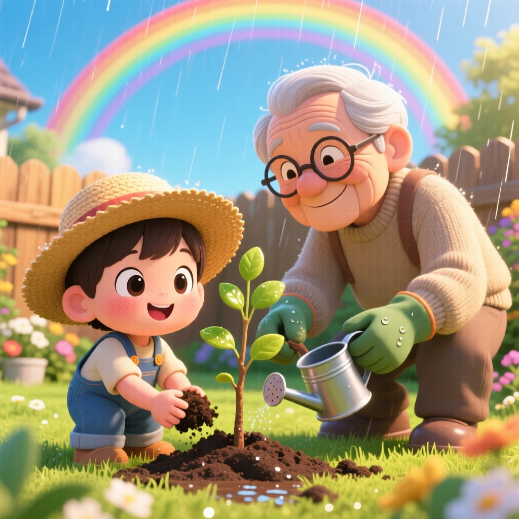 In a sunny backyard garden, a child and grandparent are planting a tree together under a rainbow after the rain, bathed in soft golden-hour sunlight, expression full of triumphant pride. Shot as a close-up portrait.