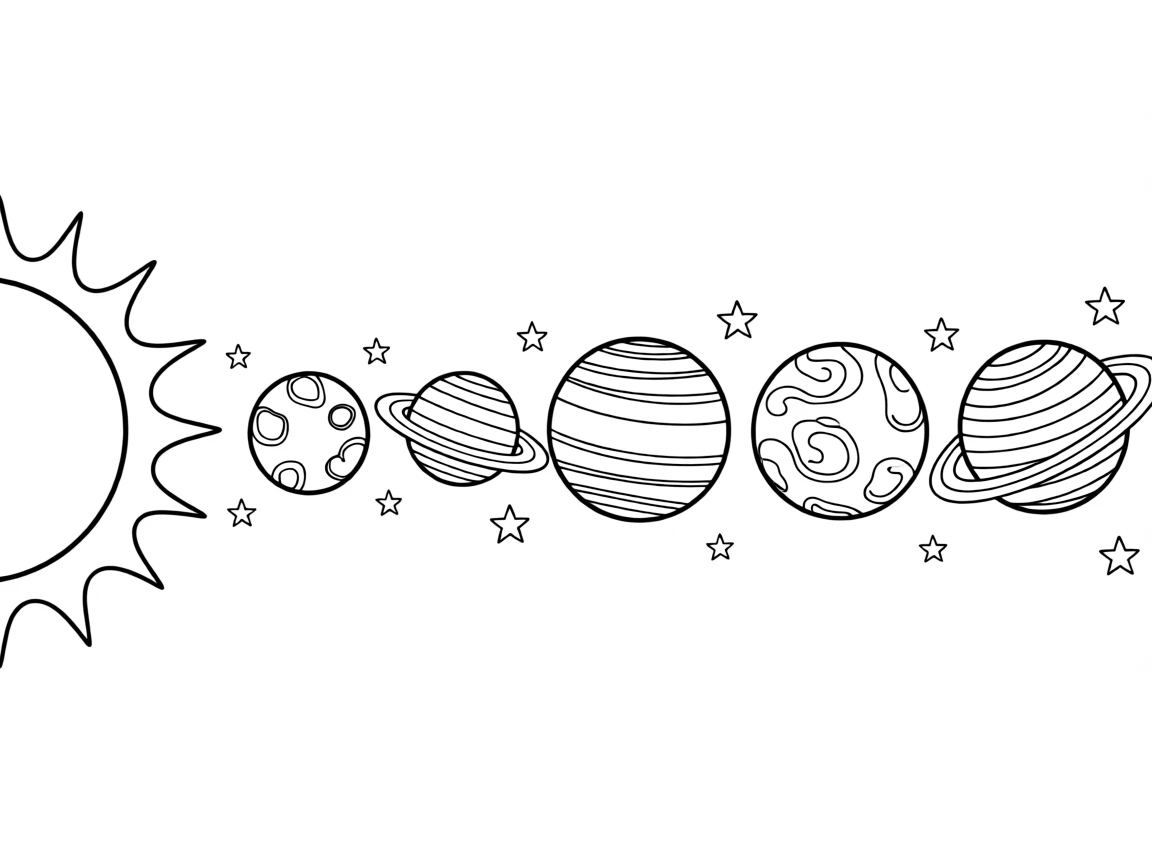 A group of planets lined up in a colorful solar system