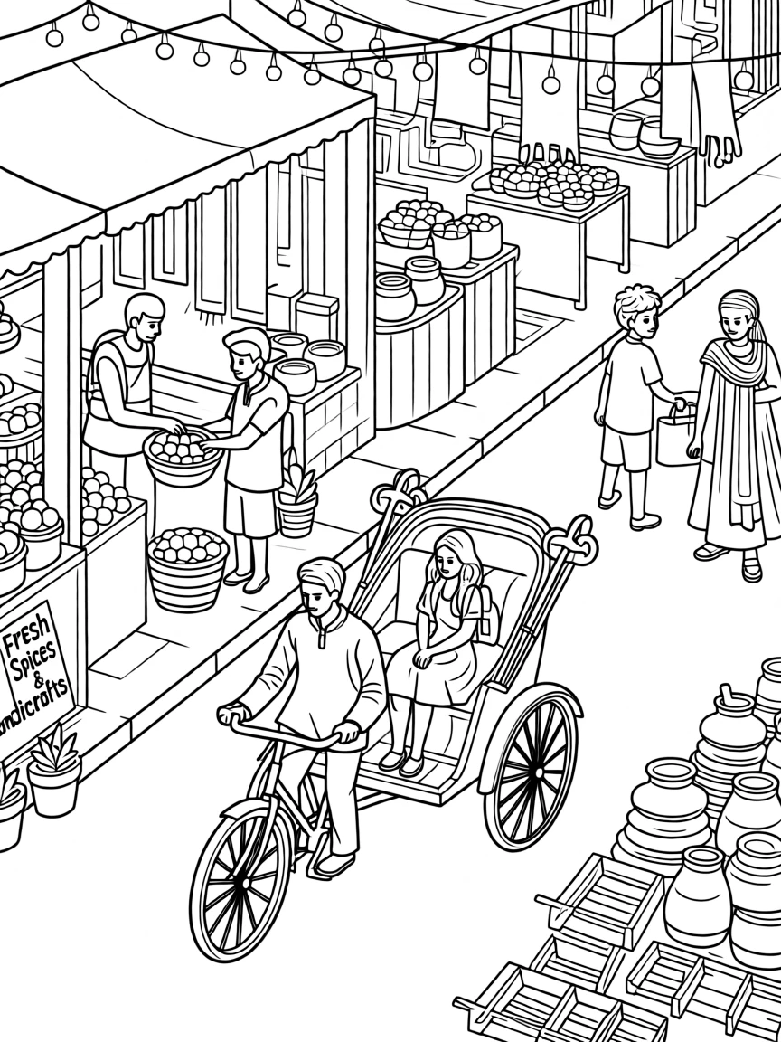 A rickshaw weaving through a bustling Indian street market, with locals and travelers strolling nearby.