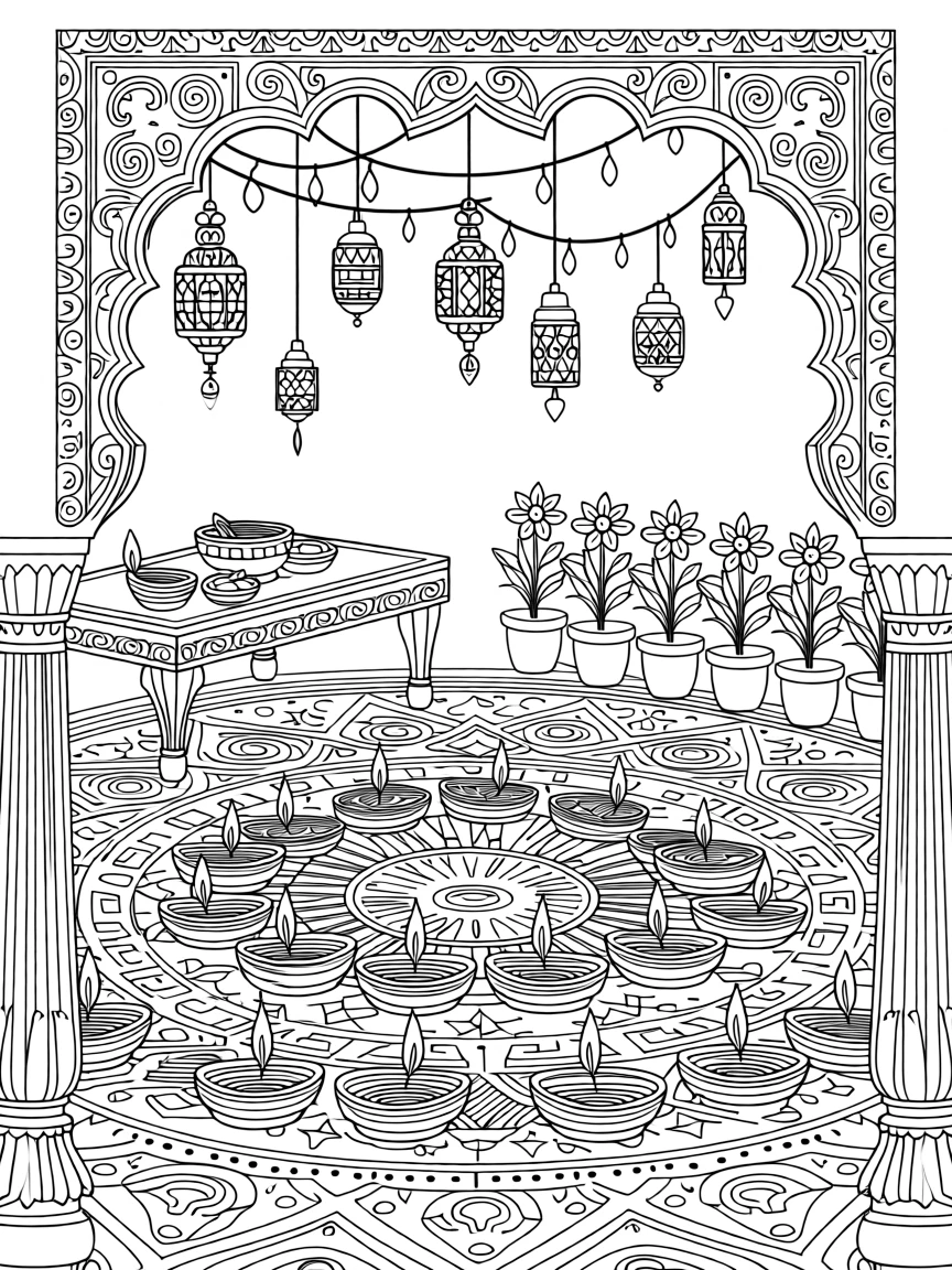 A festival of lights celebration with rows of glowing oil lamps and rangoli patterns.