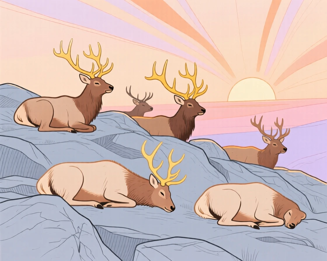 A herd of elk napping on a rocky hillside at sunrise.