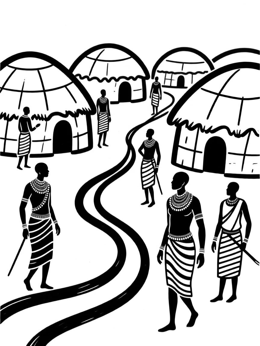 A traditional Maasai village with people in vibrant beaded clothing.