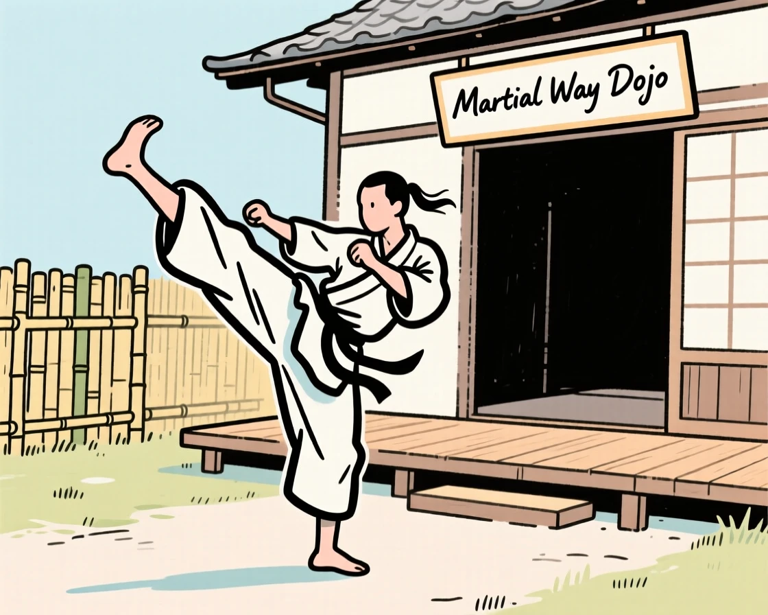 A martial artist practicing a high kick in an outdoor dojo.