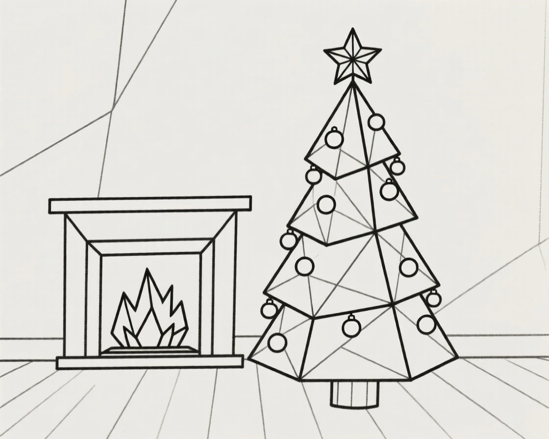 A decorated Christmas tree glowing beside a fireplace