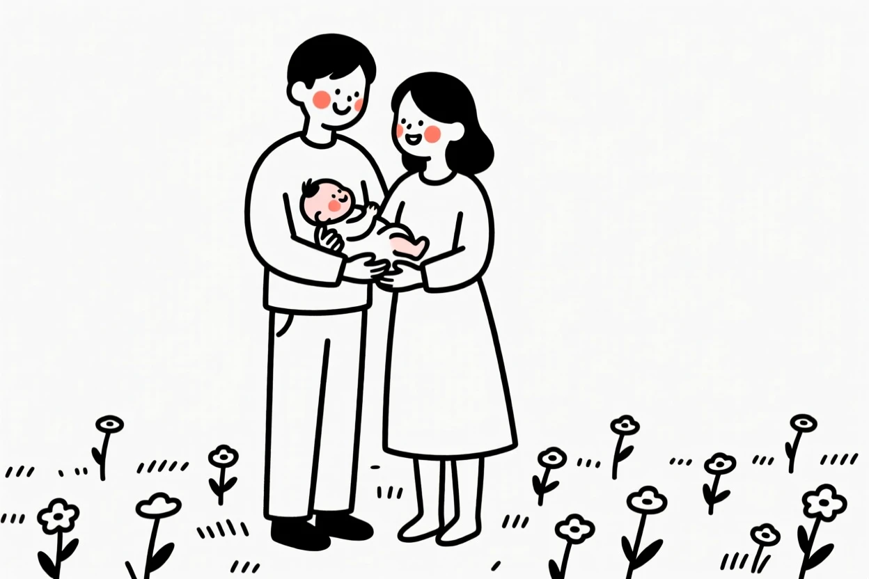 A newborn with parents, bursting with excitement, in a field of wildflowers.