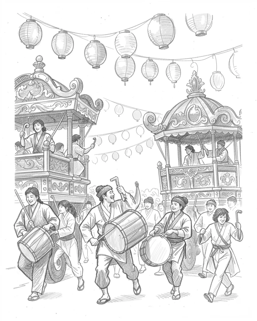 A rich travel moment capturing performers marching with vivid floats and drums beneath strings of glowing lanterns, with golden light glinting off polished brass.